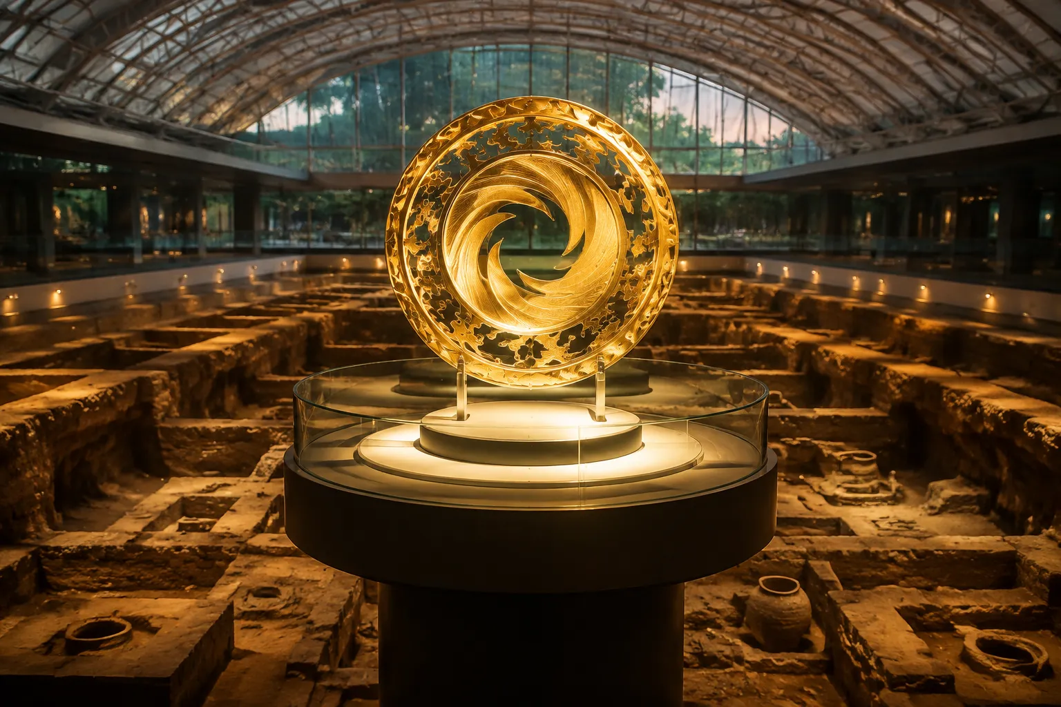 Gold Sunbird artifact and excavation pit at Jinsha Site Museum, Chengdu