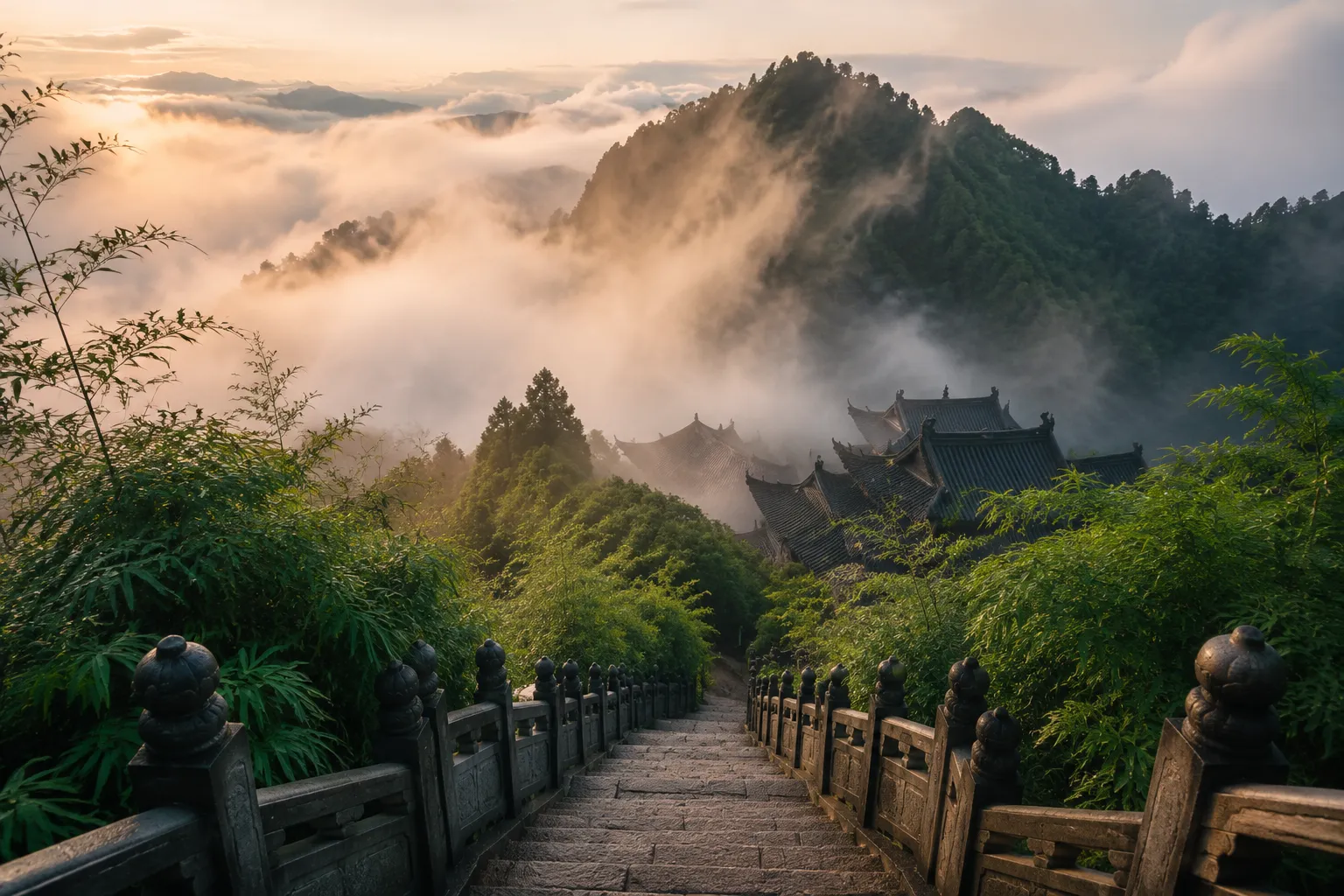 Stone staircases disappearing into mist on Mount Qingcheng, ancient Taoist temple roofs emerging from clouds
